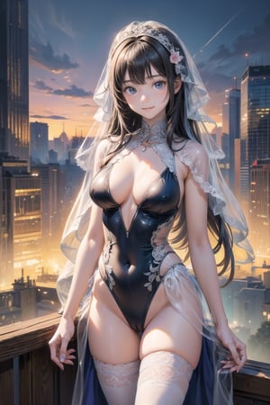 主：(((Thigh to upper body photo))), 
特：(((Colorful and magical doomsday city))), (masterpiece, highest quality, extreme detailed, best quality, official art, beautiful and aesthetic:1.2), (1girl), extreme detailed,(fractal art:1.3),colorful,highest detailed,High detailed,With a very high artistic composition style, 
髮：(((long hair))), 
服：((((Super transparent one-piece swimsuit made of white tulle))), (The white one-piece swimsuit has beautiful embroidery patterns on it),(((deep V low neckline))),(((compression stockings))),(((Transparent lace veil))),