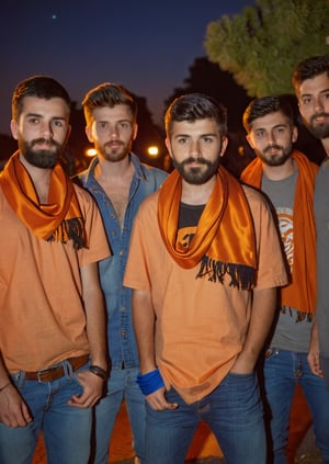 Amateur Cellphone photography photo of a group of boys wearing random cloth, tshirt, shirt, jeans, 17 years old, beard, Short beard, black beard, hair, hairstyle, long quiff hair, cover shoulder of a orange stole of all boy, all boys looking at viewer, texture, hyper realistic, detailed, Night, lighting, outdoor, club 