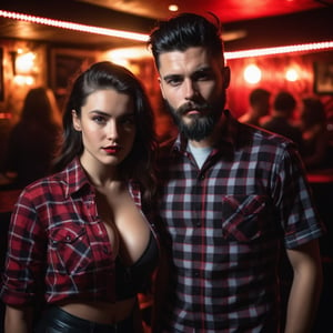 A 17year boy with a 20year girl,  black long quiff hair, black short length beard, black and red check shirt, moody lighting, best quality, full body portrait, real picture, intricate details, depth of field, in a mountain disco bar, night lighting, Fujifilm XT3, outdoors, bright day, Beautiful lighting, RAW photo, 8k uhd, film grain, unreal engine, big boobs, 