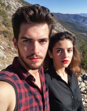 amateur cellphone photography 18 year old 
  boy with a beautiful  Spanish woman,  at mountain beautiful sunlight, day, . f8.0, samsung galaxy, noise, jpeg artefacts, poor lighting,  low light, underexposed, high contrast, black shirt rolled sleeves, red and black check shirt,  black stubble beard,  long quiff hairstyle, girl have blue eyes, and red lips,