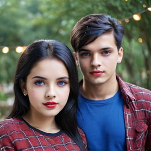 1girl and 1boy, romance, couple_(romantic), romantic_duo, girl face diamond,
((girl with makeup,,red_lips, blue_eyes, long black hair, muted skin)),,((girl eyes are blue))
((boy should be 16 year old)),,
((girl body shape should be hourglass)),,
((girl should be wearing black tight tshirt)),, ,,((girl big milky tight breast 35 size breast)),, ((girl breast is little up showing)),,((boy quiff hair, (( boy should be short faded beard,, ((boy should be black eyes, dull skin)),, ((boy should be wearing black red and black check shirt_full_sleeves)),, skin texture, texture in face, detailed, portrait bokeh photography in night, outdoor, bokeh, lighting, ((full body image)),, 4k, ((boy should be black eyes)),, ((boy should be slim thin small body shape))
,more detail XL