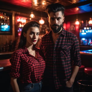 A 17year boy with a 20year girl,  black long quiff hair, black short length beard, black and red check shirt, moody lighting, best quality, full body portrait, real picture, intricate details, depth of field, in a mountain disco bar, night lighting, Fujifilm XT3, outdoors, bright day, Beautiful lighting, RAW photo, 8k uhd, film grain, unreal engine, big boobs, 