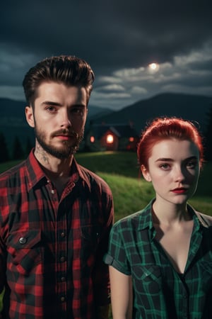 A 15year boy and a 20year old girl, black medium short beard, quiff hair, black and red check shirt, moody lighting, best quality, full body portrait, real picture, intricate details, depth of field, in a green mountain night, lighting, Fujifilm XT3, outdoors, bright day, Beautiful lighting, RAW photo, 8k uhd, film grain, unreal engine, big boobs, ,aesthetic portrait