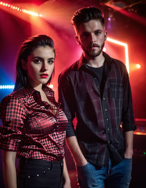 17 years old a boy, with a girl,  normal black long quiff hair, black short beard, black shirt, girl wear  tight red and black check shirt, moody lighting, best quality, full body portrait, real picture, intricate details, depth of field, in a disco, night lighting, Fujifilm XT3, outdoors, bright day, Beautiful lighting, RAW photo, 8k uhd, film grain, unreal engine, big boobs,Indian Model