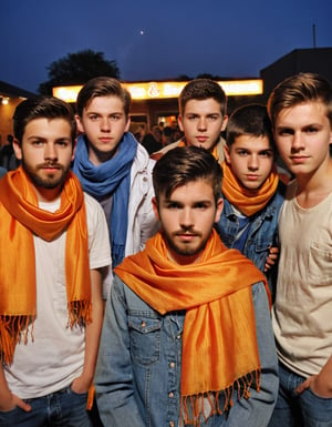 Amateur Cellphone photography photo of a group of boys wearing random cloth, tshirt, shirt, jeans, 17 years old, beard, Short beard, black beard, hair, hairstyle, long quiff hair, cover shoulder of a orange stole of all boy, all boys looking at viewer, texture, hyper realistic, detailed, Night, lighting, outdoor, club, random face of group of boys, hubggirl