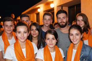 Amateur Cellphone photography photo of a group of girls and boys wearing white tshirt, tshirt, jeans, 18 y/o, beard, Short beard, black beard, hair, hairstyle, long quiff hair, all girls and boys cover shoulders of  orange stole, orange stole, stole, all girls and boys  looking at viewer, texture, hyper realistic, detailed, Night, lighting, outdoor, club, random face of group of girls and boys (freckles:0.2) . f8.0, samsung galaxy, noise, jpeg artefacts, poor lighting,  low light, underexposed, high contrast, beautiful girls, handsome boys 
