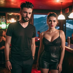 A 17year boy with a 20year girl,  normal black long quiff hair, black short length beard, black shirt, girl wear red slip, moody lighting, best quality, full body portrait, real picture, intricate details, depth of field, in a mountain disco bar, night lighting, Fujifilm XT3, outdoors, bright day, Beautiful lighting, RAW photo, 8k uhd, film grain, unreal engine, big boobs, ,Extremely Realistic,photo r3al