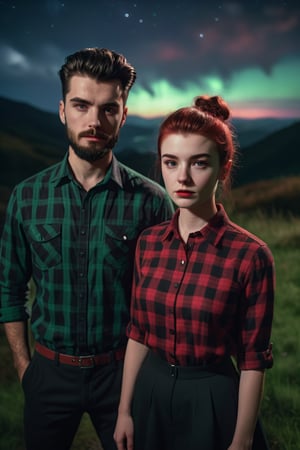A 15year boy and a 20year old girl, black medium short beard, quiff hair, black and red check shirt, moody lighting, best quality, full body portrait, real picture, intricate details, depth of field, in a green mountain night, lighting, Fujifilm XT3, outdoors, bright day, Beautiful lighting, RAW photo, 8k uhd, film grain, unreal engine, big boobs, ,aesthetic portrait