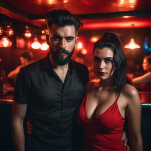 A boy and a girl  normal black long quiff hair, black short length beard, black shirt, girl wear red slip, moody lighting, best quality, full body portrait, real picture, intricate details, depth of field, in a mountain disco bar, night lighting, Fujifilm XT3, outdoors, bright day, Beautiful lighting, RAW photo, 8k uhd, film grain, unreal engine, big boobs, ,Extremely Realistic,photo r3al