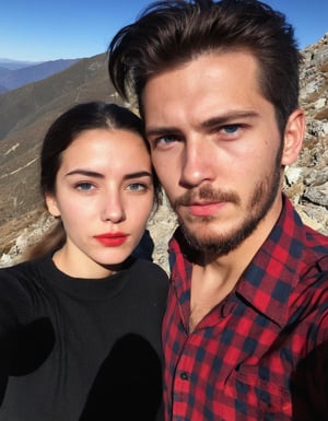 amateur cellphone photography 18 year old 
  boy with a beautiful  Spanish woman,  at mountain beautiful sunlight, day, . f8.0, samsung galaxy, noise, jpeg artefacts, poor lighting,  low light, underexposed, high contrast, black shirt rolled sleeves, red and black check shirt,  black stubble beard,  long quiff hairstyle, girl have blue eyes, and red lips,