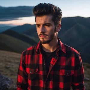 A 18year boy, a 20year girl,  black long quiff hair, black and red check shirt, moody lighting, best quality, full body portrait, real picture, intricate details, depth of field, in a mountain, night lighting, Fujifilm XT3, outdoors, bright day, Beautiful lighting, RAW photo, 8k uhd, film grain, unreal engine, big boobs, black stubble  beard