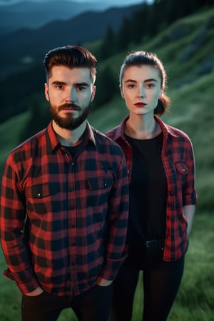 A 18 years boy and a 20 years old girl, (black short beard, quiff hair, black and red check shirt, moody lighting, best quality, full body portrait, real picture, intricate details, depth of field, in a green mountain night, lighting, Fujifilm XT3, outdoors, bright day, Beautiful lighting, RAW photo, 8k uhd, film grain, unreal engine, big boobs ,better photography