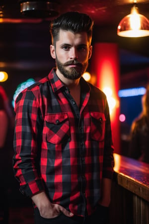 A 18year boy, a 20year girl,  black long quiff hair, black and red check shirt, moody lighting, best quality, full body portrait, real picture, intricate details, depth of field, in a mountain disco bar, night lighting, Fujifilm XT3, outdoors, bright day, Beautiful lighting, RAW photo, 8k uhd, film grain, unreal engine, big boobs, black medium length beard