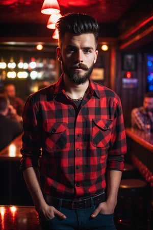 A 18year boy, a 20year girl,  black long quiff hair, black and red check shirt, moody lighting, best quality, full body portrait, real picture, intricate details, depth of field, in a mountain disco bar, night lighting, Fujifilm XT3, outdoors, bright day, Beautiful lighting, RAW photo, 8k uhd, film grain, unreal engine, big boobs, black medium length beard