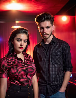 17 years old a boy, with a girl,  normal black long quiff hair, black short beard, black shirt, girl wear  tight red and black check shirt, moody lighting, best quality, full body portrait, real picture, intricate details, depth of field, in a disco, night lighting, Fujifilm XT3, outdoors, bright day, Beautiful lighting, RAW photo, 8k uhd, film grain, unreal engine, big boobs,Indian Model