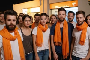 Amateur Cellphone photography photo of a group of girls and boys wearing white tshirt, tshirt, jeans, 18 y/o, beard, Short beard, black beard, hair, hairstyle, long quiff hair, all girls and boys cover shoulders of  orange stole, orange stole, stole, all girls and boys  looking at viewer, texture, hyper realistic, detailed, Night, lighting, outdoor, club, random face of group of girls and boys (freckles:0.2) . f8.0, samsung galaxy, noise, jpeg artefacts, poor lighting,  low light, underexposed, high contrast,
