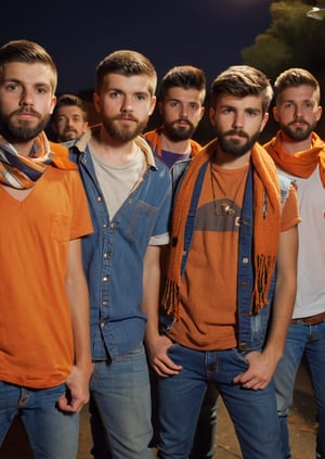 Amateur Cellphone photography photo of a group of boys wearing random cloth, tshirt, shirt, jeans, 17 years old, beard, Short beard, black beard, hair, hairstyle, long quiff hair, cover shoulder of a orange stole of all boy, all boys looking at viewer, texture, hyper realistic, detailed, Night, lighting, outdoor, club, random faces