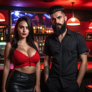 Amatuer photography, a boy and a girl  normal black long quiff hair, black beard, black shirt, girl wear red slip, moody lighting, best quality, full body portrait, real picture, intricate details, depth of field, in a mountain disco bar, night lighting, Fujifilm XT3, outdoors, bright day, Beautiful lighting, RAW photo, 8k uhd, film grain, unreal engine, big boobs