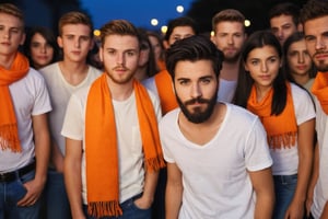 Amateur Cellphone photography photo of a group of girls and boys wearing white tshirt, tshirt, jeans, 18 y/o, beard, Short beard, black beard, hair, hairstyle, long quiff hair, all girls and boys cover shoulders of  orange stole, orange stole, stole, all girls and boys  looking at viewer, texture, hyper realistic, detailed, Night, lighting, outdoor, club, random face of group of girls and boys (freckles:0.2) . f8.0, samsung galaxy, noise, jpeg artefacts, poor lighting,  low light, underexposed, high contrast,
