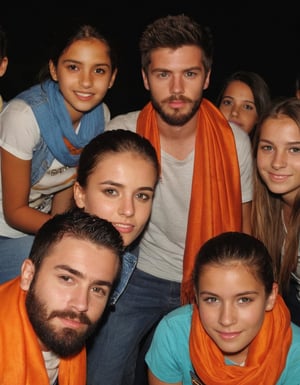 Amateur Cellphone photography photo of a group of girls and 1boy wearing random cloth, tshirt, shirt, jeans, 18years old, beard, Short beard, black beard, hair, hairstyle, long quiff hair, cover shoulders of a orange stole of all girls and 1boy, all girls and 1boy looking at viewer, texture, hyper realistic, detailed, Night, lighting, outdoor, club, random face of group of girls and 1boy, (freckles:0.2) . f8.0, samsung galaxy, noise, jpeg artefacts, poor lighting,  low light, underexposed, high contrast,
