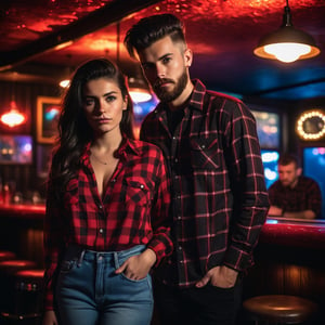 A 17year boy with a 20year girl,  black long quiff hair, black and red check shirt, moody lighting, best quality, full body portrait, real picture, intricate details, depth of field, in a mountain disco bar, night lighting, Fujifilm XT3, outdoors, bright day, Beautiful lighting, RAW photo, 8k uhd, film grain, unreal engine, big boobs, black short length beard