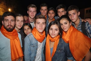 Amateur Cellphone photography photo of a group of girls and boys wearing random cloth, tshirt, shirt, jeans, 18years old, beard, Short beard, black beard, hair, hairstyle, long quiff hair, cover shoulders of a orange stole of all girls and boys, all girls and boys looking at viewer, texture, hyper realistic, detailed, Night, lighting, outdoor, club, random face of group of girls and boys, (freckles:0.2) . f8.0, samsung galaxy, noise, jpeg artefacts, poor lighting,  low light, underexposed, high contrast, all peoples 
18years old, all peoples shoulder are covered wity stole, outdoor, night, 
