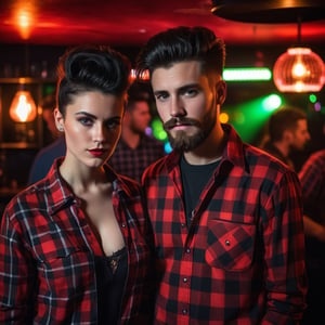 A 18year boy with a 20year girl,  black long quiff hair, black and red check shirt, moody lighting, best quality, full body portrait, real picture, intricate details, depth of field, in a mountain disco bar, night lighting, Fujifilm XT3, outdoors, bright day, Beautiful lighting, RAW photo, 8k uhd, film grain, unreal engine, big boobs, black medium length beard