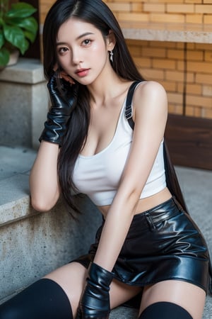 (masterpiece), (best quality), (ultra detailed),(illustration), (1girl),looking at viewer, beautiful detailed red eyes, delicate beautiful face, medium breast, tifa, long black hair, slender, ff7r style, ankle boots, black skirt, black thighhighs, boots, crop top, elbow gloves, elbow pads, suspenders, fingerless gloves, 4k, 8k, cowboy_shot, HDR,  defTifa, slender, high_definition, better_hand,score_9, exotic, plain background,street