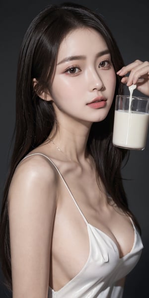 big eyes, beautiful korean girl, looking at viewer, 1girl,pouring tons of milk on her, milk are all over her body and become a beautiful dress, unreal, mystical, luminous, surreal, high resolution, sharp details, soft, with a dreamy glow, translucent, in 8k resolution, beautiful, without a background, stunning, a mythical being exuding energy, textures, breathtaking beauty, pure perfection, with a divine presence, unforgettable, and impressive.,masterpiece, cowboy_shot,pastelbg