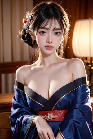 masterpiece, uhd, gold black tight deepv kimono
,8k,, ((ukiyoe style)), ((((masterpiece)))), (((best quality))), (illustration),whole body,(solo:1.4), ((an extremely delicate and beautiful)), ((18yo girl)) , cute, ((hime_cut)), side blunt bangs,(ultramarine hair:1.2), hairs between eyes,  ((slit pupils)), ((miko)), (off_shoulder), big_breasts,bigboobs,deepv,mygirl