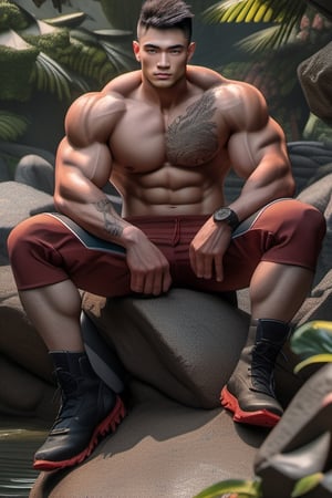 a 20-year-old (Chinese:1.5) athlete, dynamic pose, sitting on huge rock. Stalwart yet handsome, (short spiky haircut:1.3), bodybuilder-like muscular, shirtless, broad shoulders, thick arms. (Intricate tattoos fully covered in body:1.5). Wearing red short, dark brown boots. Dust light. RenderMan used, in 8K resolution, exhaustive photorealistic.,Pectoral Focus,Asian man