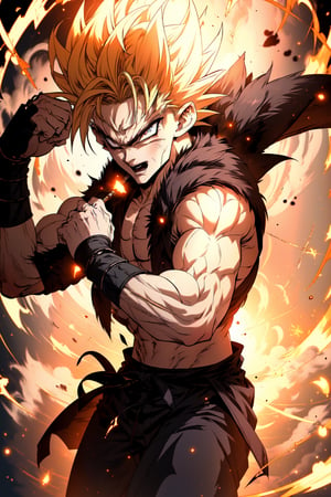 (masterpiece, best quality, highres:1.3), ultra resolution image, (1girl), (male), (fighting), black hair, eyes glinting, powerful charm, (spectral chic:1.2), toughest guy, glitter, ohterworldly energy, mood of the vitality, heaven, all naked, no clothe, (songoku in DragonBall ), muscular man, shiny yellow hair
