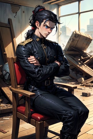 Manga style. Very detailed, High quality, Masterpiece, best quality. Male focus, 22 years old, black hair, blue eyes. Wearing a predominantly black and red Colonial military uniform.  he is 6 feet tall, with long black hair tied in a ponytail and a modern hairstyle. He is sitting in a chair in a destroyed building, with his arms crossed and looking straight ahead. He has a somewhat angry penetrating look. Proportional body.,CASSANDRA ,porco_galliard