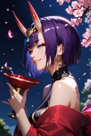 score_9, score_8_up, score_7_up, score_6_up, score_5_up, score_4_up, source_anime, realistic, PRSNL, detailed body, detailed hair, detailed background, perfect hands, night, moonlight, 1girl, solo, Shuten-doji \(Fate Grand Order\), In front of cherry blossoms in full bloom, holding a sake cup in right hand, sitting cross-legged, smiling, Shiny skin, glow shine, Looking away, Expressive, dramatic shadow, natural light, depth of field, side view