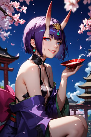 score_9, score_8_up, score_7_up, score_6_up, score_5_up, score_4_up, source_anime, realistic, PRSNL, detailed body, detailed hair, detailed background, perfect hands, night, moonlight, 1girl, solo, Shuten-doji \(Fate Grand Order\), In front of cherry blossoms in full bloom, holding a sake cup in right hand, sitting cross-legged, smiling, Shiny skin, glow shine, Looking away, Expressive, dramatic shadow, natural light, depth of field, side view