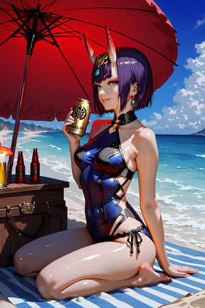 score_9, score_8_up, score_7_up, score_6_up, score_5_up, score_4_up, source_anime, realistic, PRSNL, detailed body, detailed hair, detailed background, perfect hands, 1girl, solo, Shuten-doji \(Fate Grand Order\), beach, under beach umbrella, W-Sitting, swimsuit, shiny skin, smiling, looking away, holding a beer can in one hand, expressive, dramatic shadow, dramatic lighting, side view