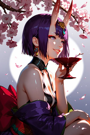 score_9, score_8_up, score_7_up, score_6_up, score_5_up, score_4_up, source_anime, realistic, PRSNL, detailed body, detailed hair, detailed background, perfect hands, 1girl, solo, Shuten-doji \(Fate Grand Order\), In front of cherry blossoms in full bloom, holding a sake cup in her left hand, sitting cross-legged, smiling, Shiny skin, Looking away, Expressive, dramatic shadow, dramatic lighting, Side view