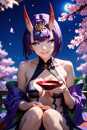 score_9, score_8_up, score_7_up, score_6_up, score_5_up, score_4_up, source_anime, realistic, PRSNL, detailed body, detailed hair, detailed background, perfect hands, night, moonlight, 1girl, solo, Shuten-doji \(Fate Grand Order\), In front of cherry blossoms in full bloom, holding a sake cup in one hand, sitting cross-legged, smiling, Shiny skin, glow shine, Looking away, Expressive, dramatic shadow, dramatic lighting, depth of field, front view