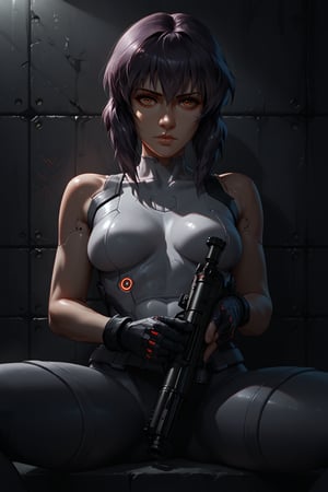 score_9, score_8_up, score_7_up, score_6_up, score_5_up, score_4_up, source_anime, Cold expression, looking at viewer, 1girl, Motoko Kusanagi \(Ghost in the Shell SAC\), sitting, legs apart, (machine gun, holding Kriss Vector SMG), black sleeveless bodysuit, black thigh-high tights, black gloves, medium breasts, upper body, cybernetic wall, high tech, gray wall, Cyberpunk room, detailed background, perfect hands, cinematic lighting, dramatic shadows,