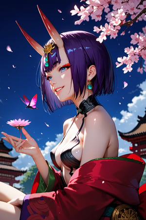 score_9, score_8_up, score_7_up, score_6_up, score_5_up, score_4_up, source_anime, realistic, PRSNL, detailed body, detailed hair, detailed background, perfect hands, night, moonlight, 1girl, solo, Shuten-doji \(Fate Grand Order\), In front of cherry blossoms in full bloom, sitting cross-legged, smiling, Shiny skin, glow shine, Looking away, Expressive, dramatic shadow, natural light, depth of field, side view