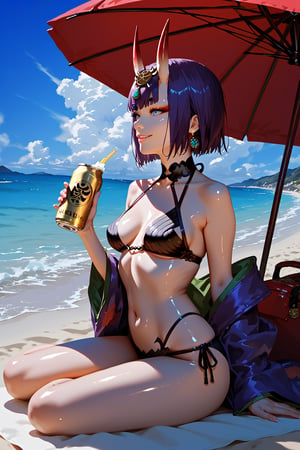 score_9, score_8_up, score_7_up, score_6_up, score_5_up, score_4_up, source_anime, realistic, PRSNL, detailed body, detailed hair, detailed background, perfect hands, 1girl, solo, Shuten-doji \(Fate Grand Order\), beach, under beach umbrella, W-Sitting, swimsuit, shiny skin, smiling, looking away, holding a beer can in one hand, expressive, dramatic shadow, dramatic lighting, side view