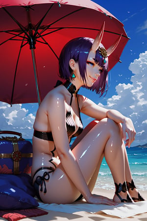 score_9, score_8_up, score_7_up, score_6_up, score_5_up, score_4_up, source_anime, realistic, PRSNL, detailed body, detailed hair, detailed background, perfect hands, 1girl, solo, Shuten-doji \(Fate Grand Order\), Beach, Under the beach umbrella, W-Sitting, Shiny skin, Smiling, Looking away, dramatic shadow, dramatic lighting, Side view