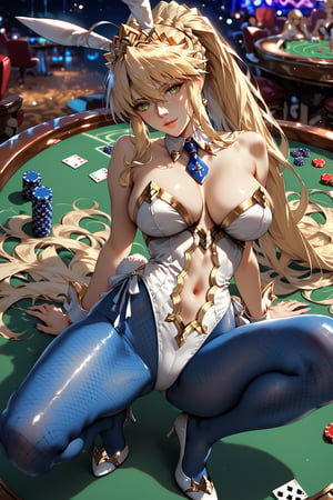 score_9, score_8_up, score_7_up, score_6_up, score_5_up, score_4_up, source_anime, PRSNL, casino, poker table behind, solo, 1girl Artoria Ruler \(Fate Grand Order\), white bunny suit, blue fishnet tights, white high heels, belly button, ponytail,