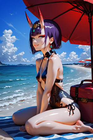 score_9, score_8_up, score_7_up, score_6_up, score_5_up, score_4_up, source_anime, realistic, PRSNL, detailed body, detailed hair, detailed background, perfect hands, 1girl, solo, Shuten-doji \(Fate Grand Order\), Beach, Under the beach umbrella, W-Sitting, Swimsuit, Shiny skin, Smiling, Looking away, dramatic shadow, dramatic lighting, Side view