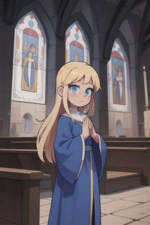 1girl, solo,teen,(teenager:1.3),(young_female:1.1),medieval_setting,
blonde hair,long_hair,blue_eyes,
praying,calm,standing,
blue clothes,(priestess),medieval clothes,church in background