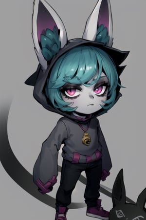 , vex1, (grey skin:1.3), full body, standing, outdoors, sky, simple background, day, closed mouth, glare, looking at viewer, black pants, jewelry,smug, necklace,floppy_sleeves,yordle,tiny_female