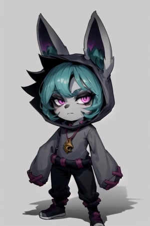 , vex1, (grey skin:1.3), full body, standing, outdoors, sky, simple background, day, closed mouth, glare, looking at viewer, black pants, jewelry,smug,shadow, necklace,floppy_sleeves,yordle,tiny_female