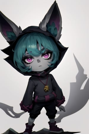 , vex1, (grey skin:1.3), full body, standing, outdoors, sky, simple background, day, closed mouth, glare, looking at viewer, black pants, jewelry, necklace,floppy_sleeves,yordle,tiny_female