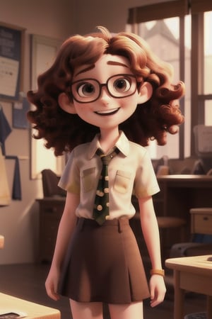1girl,underage,(tiny_tits:1.2),(flat_chest:),(13yo:1.5),nerdy_girl,curly_hair,ginger_hair,pale,freckles,long_hair,masterpiece,smile,standing,(glasses|shirt|skirt|necktie)