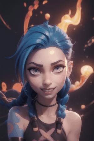 3D MODEL,Jinx, from League Of Legends,small breasts,smirk,pale_skin,braided_hair,asymmetrical_bangs,crazy_face,facing_viewer,

blue hair,flames, purple eyes, tattoos,JinxLol,